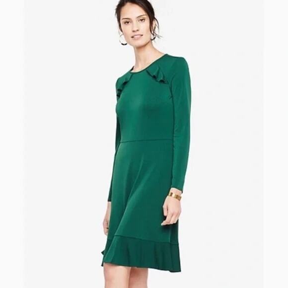 Ann Taylor Ruffle Long Sleeve Dress Size 6 Tall Hunter Green - Picture 1 of 8